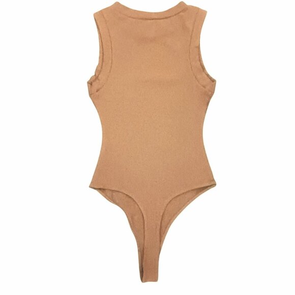 Naked Wardrobe Sleeveless Tan Ribbed Thong Bodysuit Size S - Picture 2 of 11